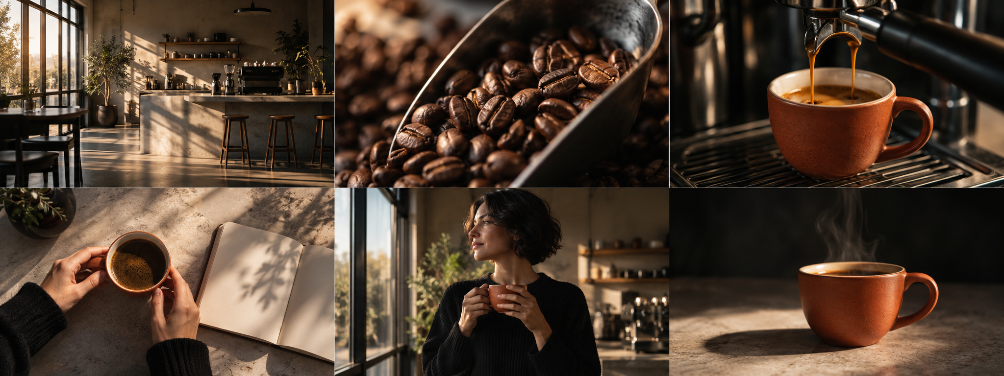 Six coffee storyboard frames: an empty café, roasted beans, espresso pouring, a cup beside a notebook, a woman by the window, and a steaming cup.